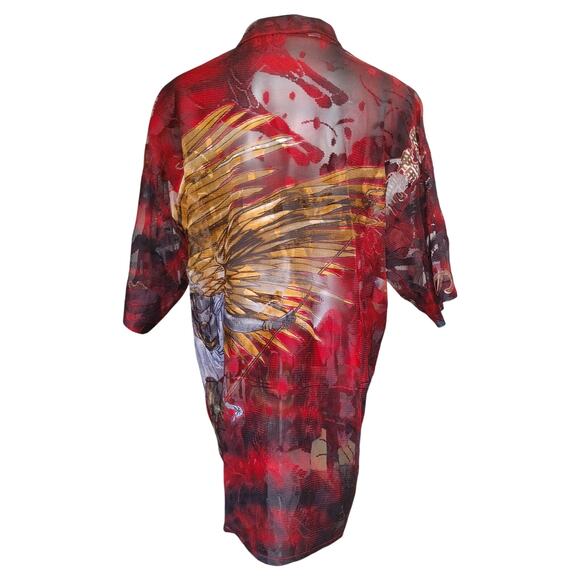 Regal Wear Men's LG Red/Black/Yellow Mesh Button Down Abstract Print Shirt - Picture 2 of 5